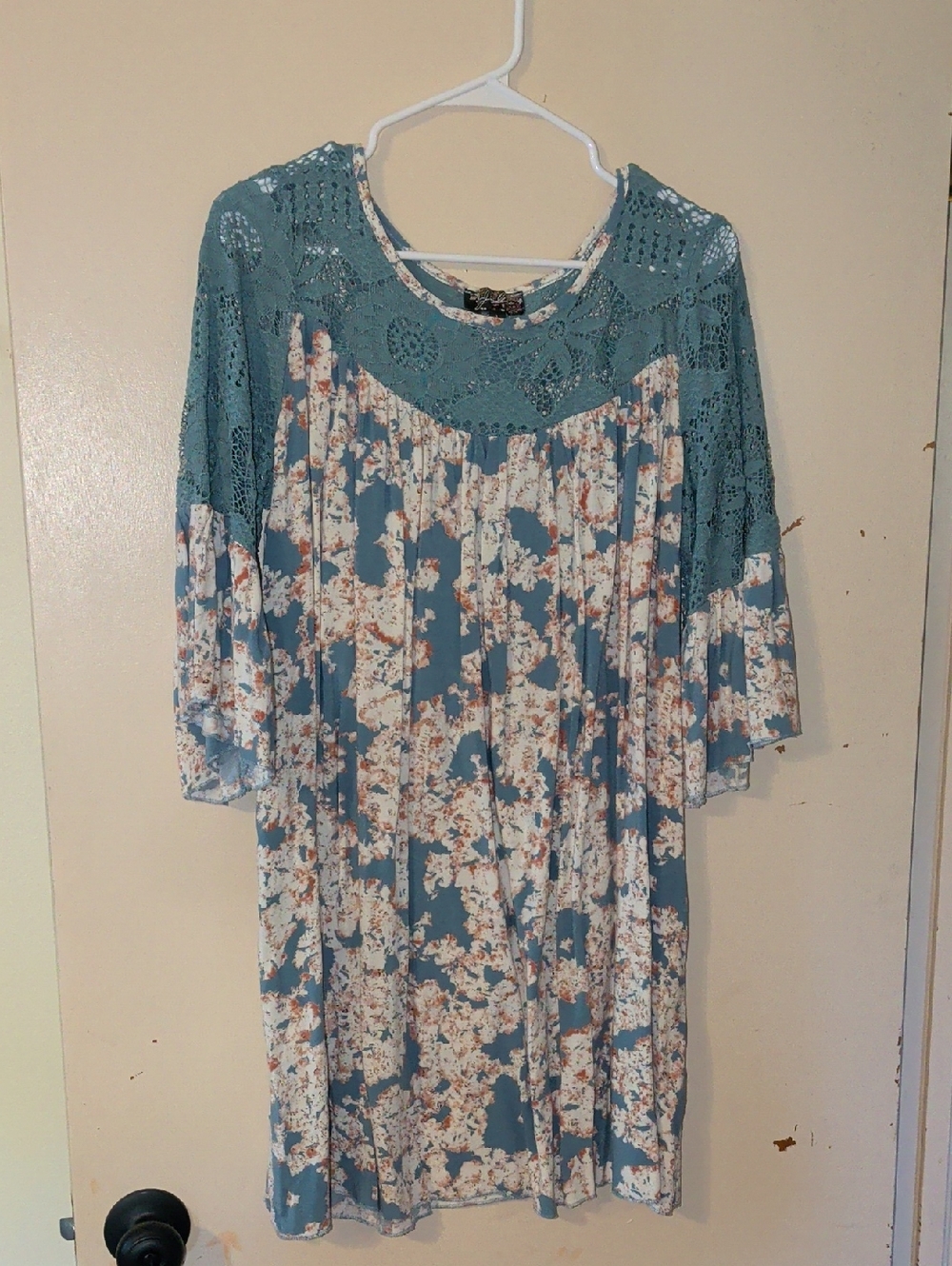 Teal Floral Lace Yoke Long Sleeve Dress